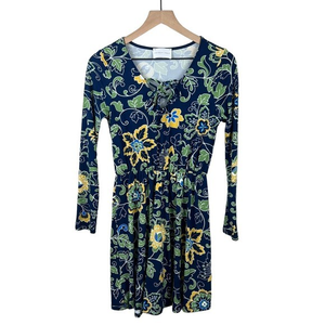 French Grey Womens Blue Green Floral Long Sleeve A-Line Dress Size Small